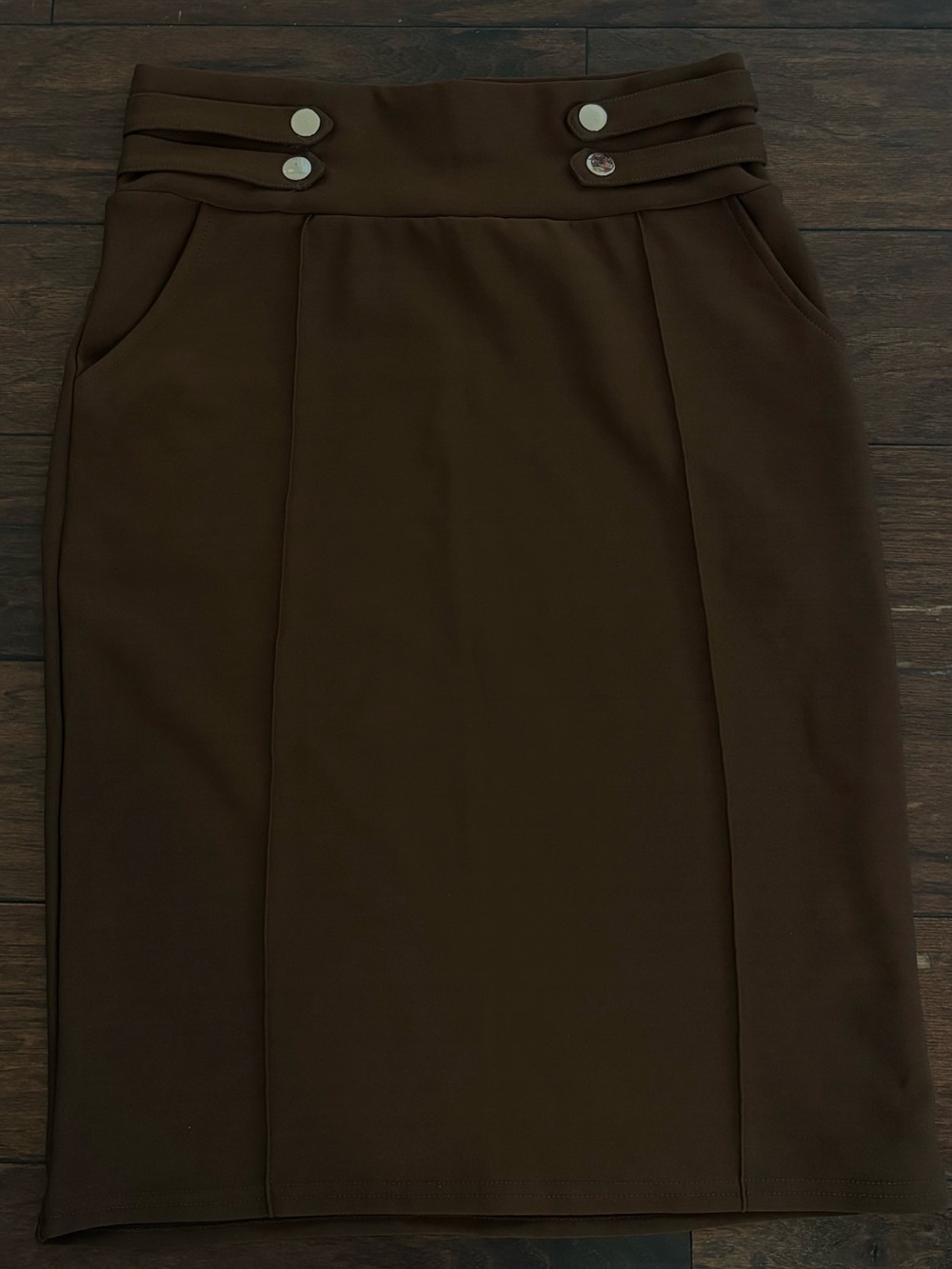 Harper Chocolate Brown Pencil Skirt with Buttoned Waist Detail